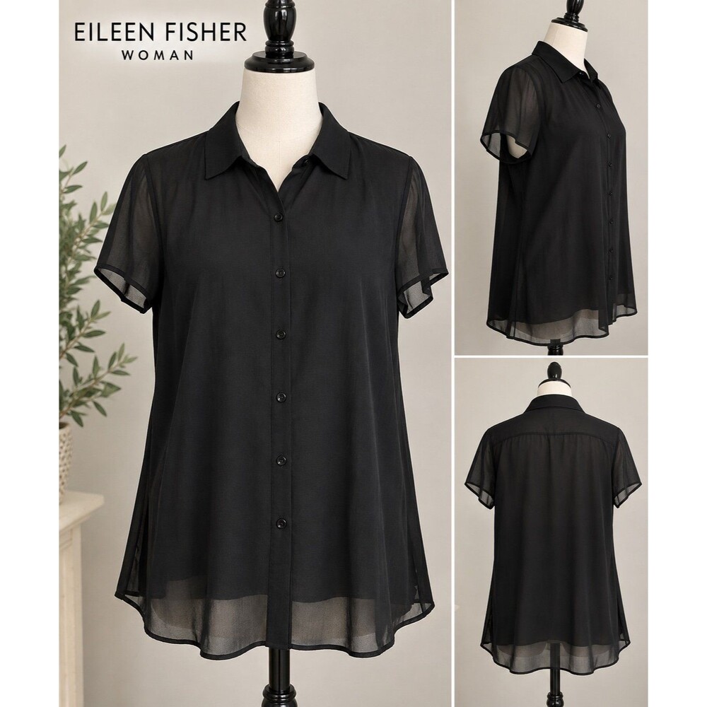 Eileen Fisher 1X Black Sheer Button Front Blouse Short Sleeve